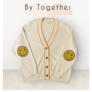 By Together Women’s Cream Cardigan Smiley Face Patch Orange Trim Button Front M